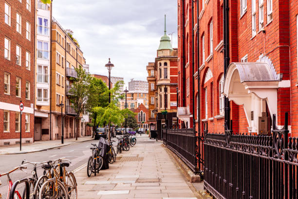 Red brick buildings on a London street with bikes parked outside and trees on the pavement